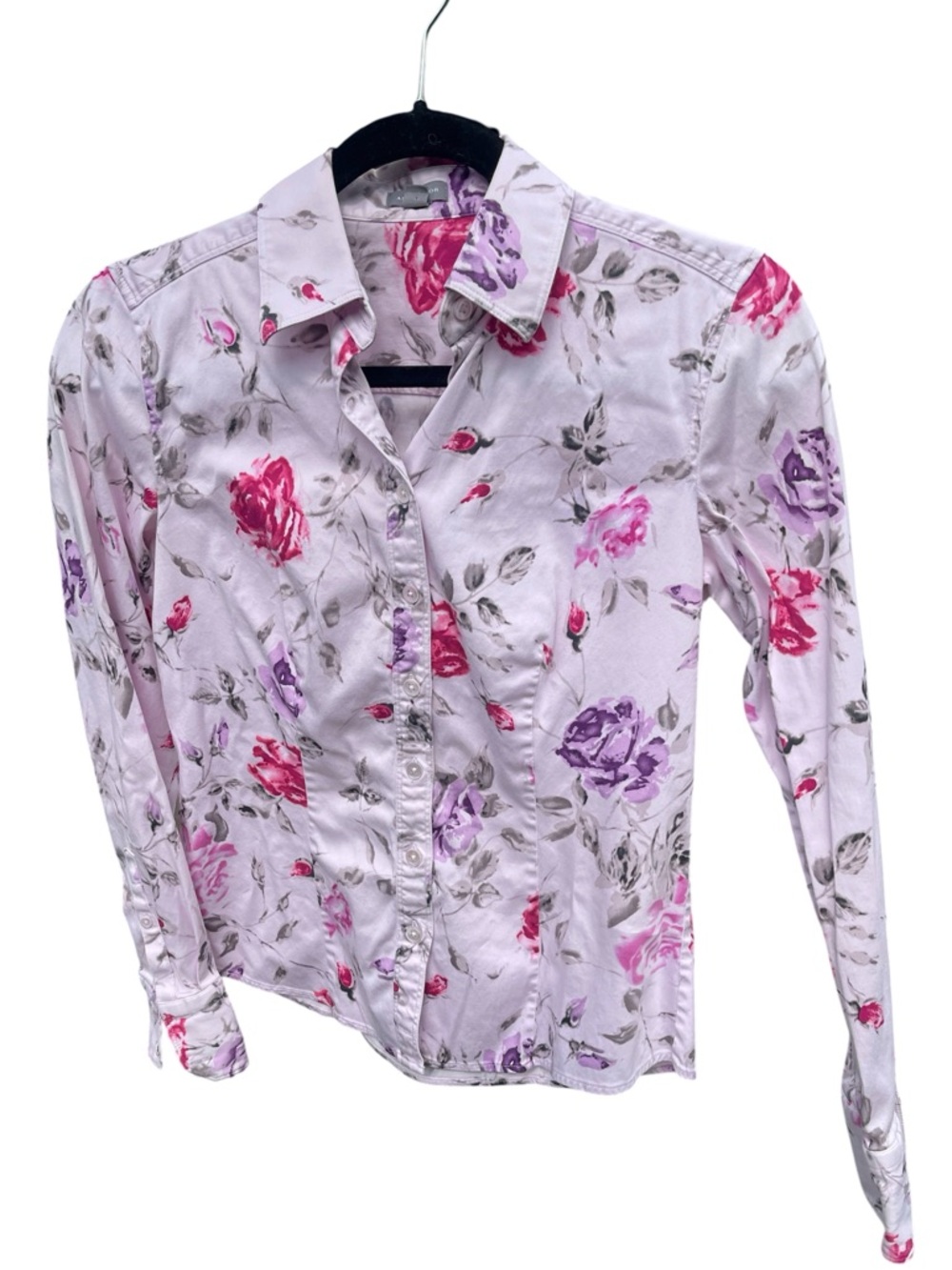 Ann Taylor Lavender Floral Button-Down Career Shirt with Pink & Purple Roses, 4 - Picture 2 of 7